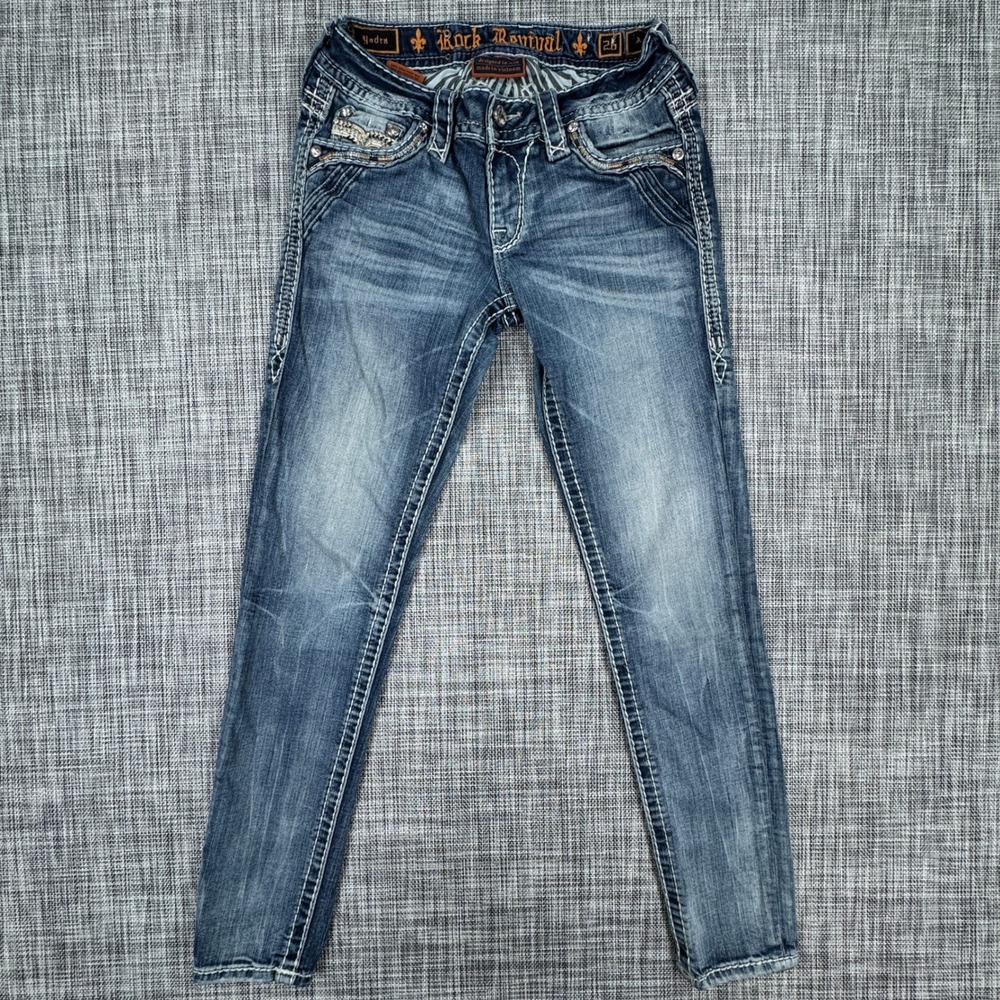 Rock Revival Womens Yadra Ankle Skinny Blue Jeans Rhinestone Flap Pockets Sz 26